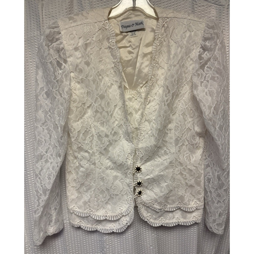 Vintage Dayna & Mark 1990s Lace Blouse Scalloped Trim Decorative Bottons SZ 14‎